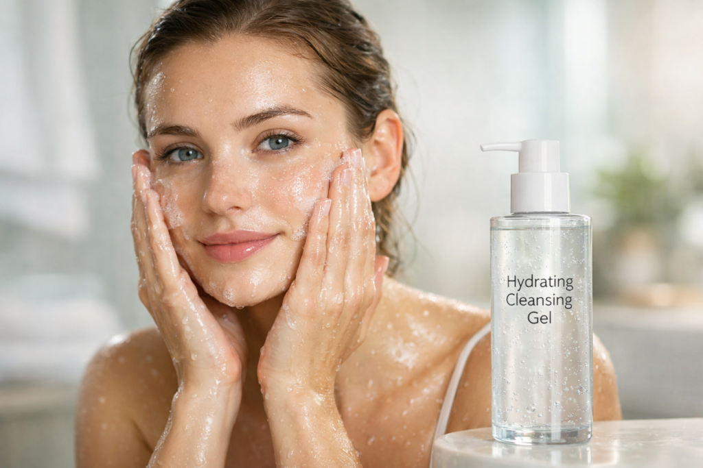 Hydrating Cleansing Gel product with water splash and glow effect