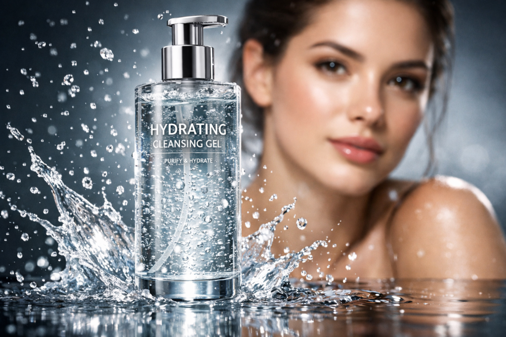 Hydrating Cleansing Gel product with water splash and glow effect