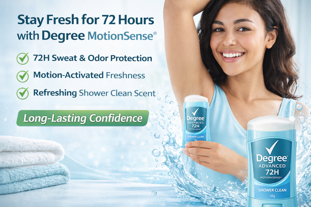 Degree Advanced 72H MotionSense Antiperspirant Deodorant Shower Clean stick for long lasting sweat and odor protection