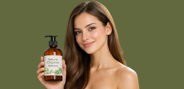 Organic Shampoo Botel holding a model