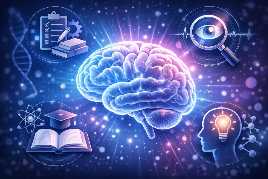 Brain with icons for memory, learning, and focus