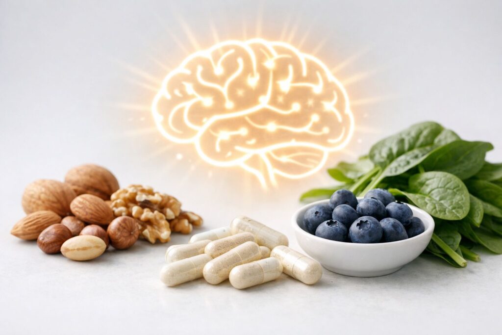Supplements and healthy foods supporting brain health