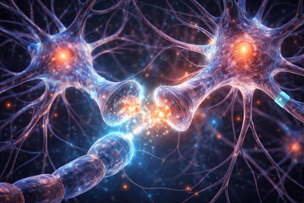 Neurons communicating through glowing synapses