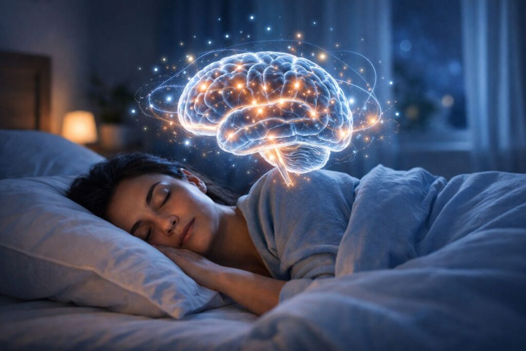 Sleeping person with brain illustration for memory support.