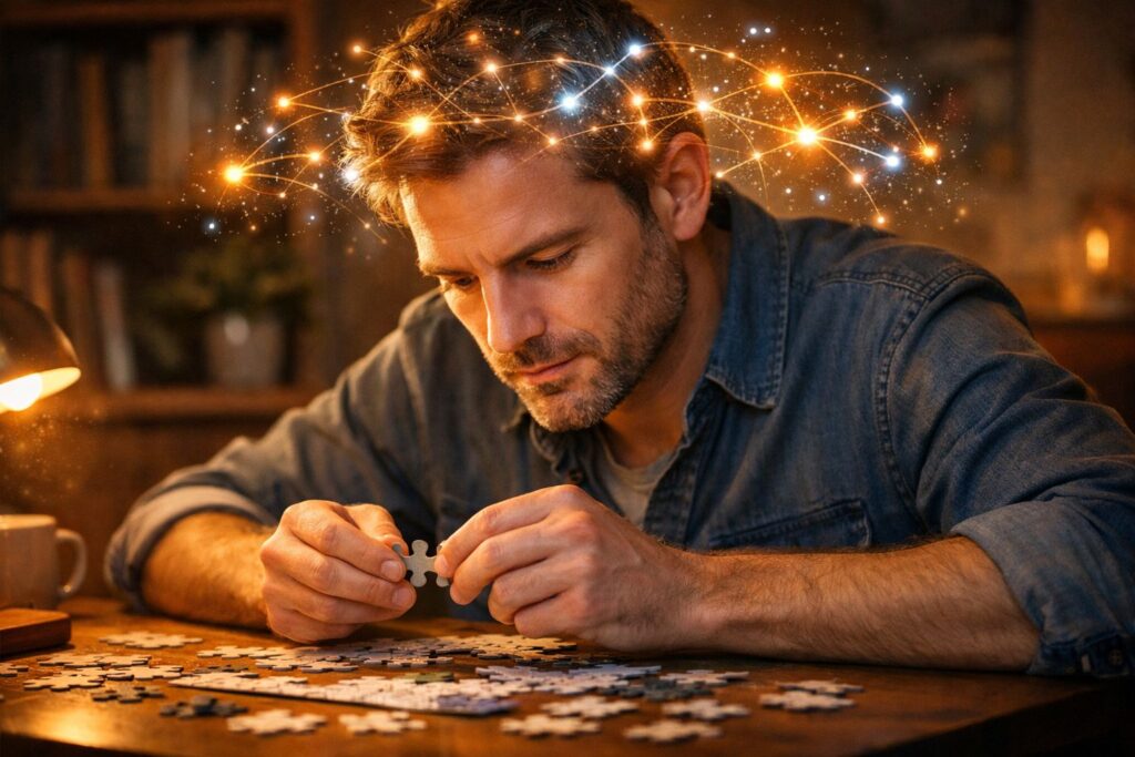 Person solving puzzles with glowing brain connections