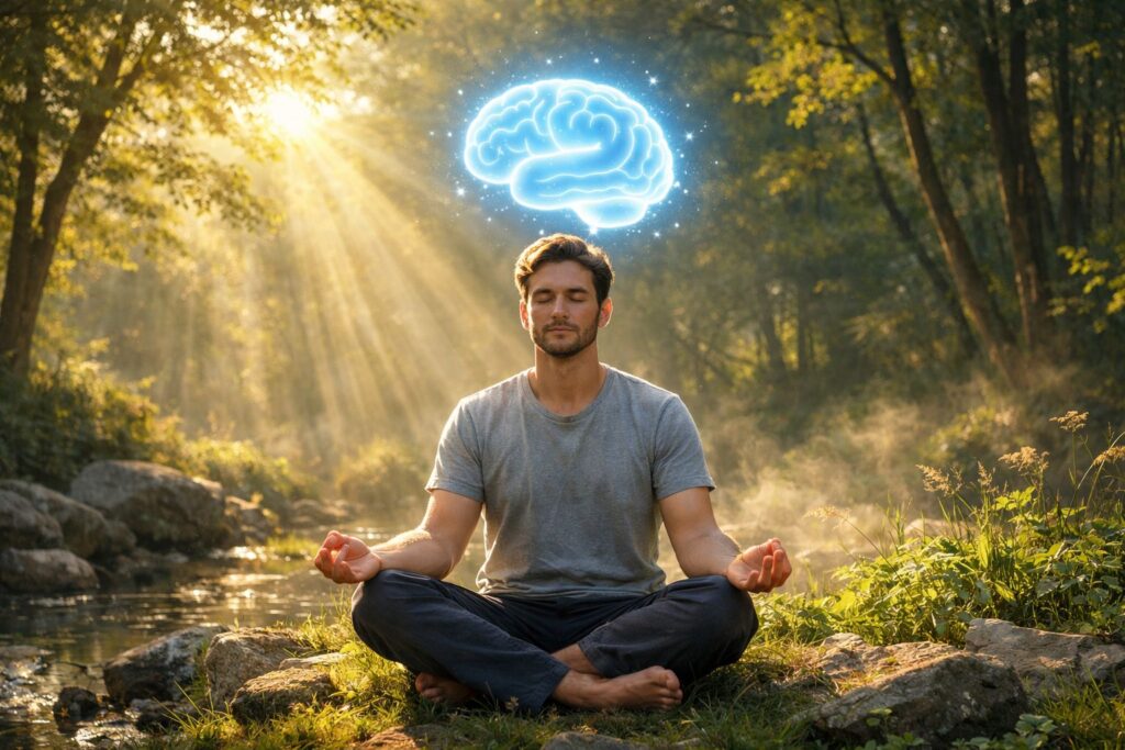 Meditating person with calm brain illustration