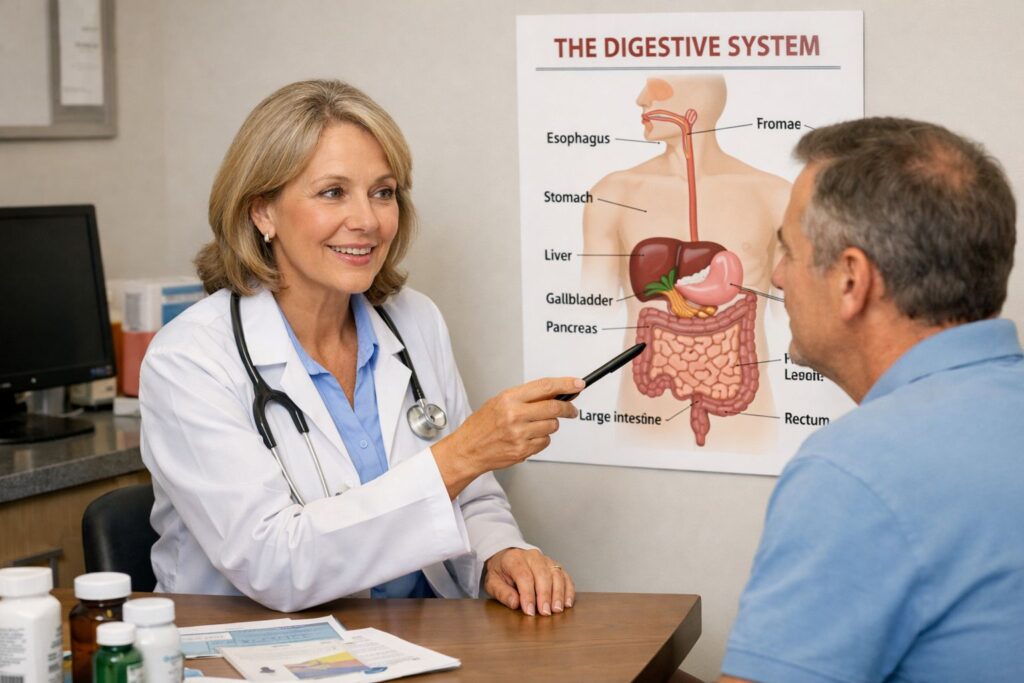 Doctor explaining treatment for digestive problems.
