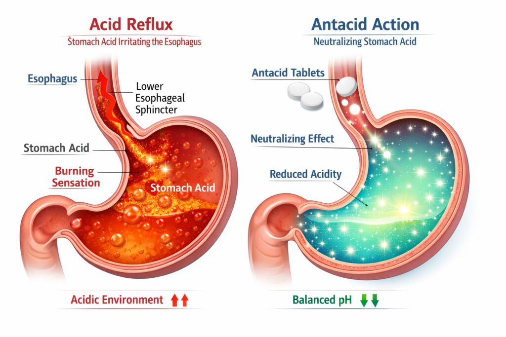 Milk of Magnesia neutralizing stomach acid.