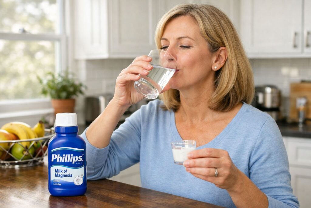 Person taking Phillips' Milk of Magnesia with water.