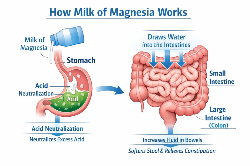 How Milk of Magnesia works in the digestive system.