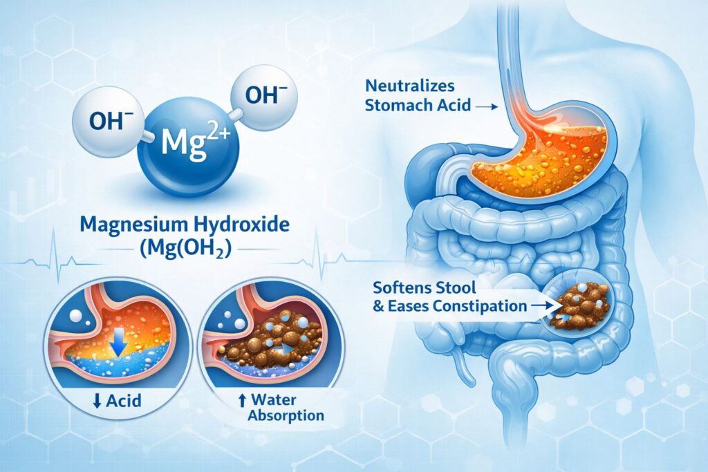 Magnesium hydroxide ingredient in Milk of Magnesia.