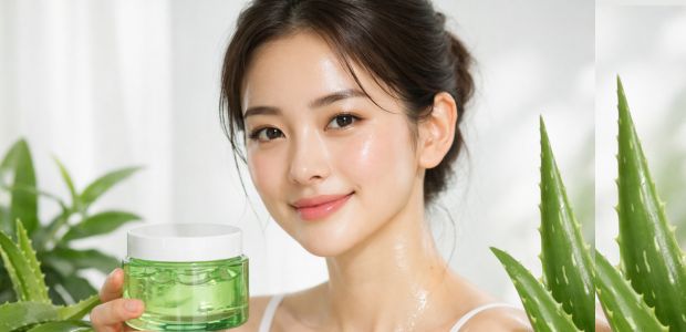 Woman holding Aloe Vera gel moisturizer