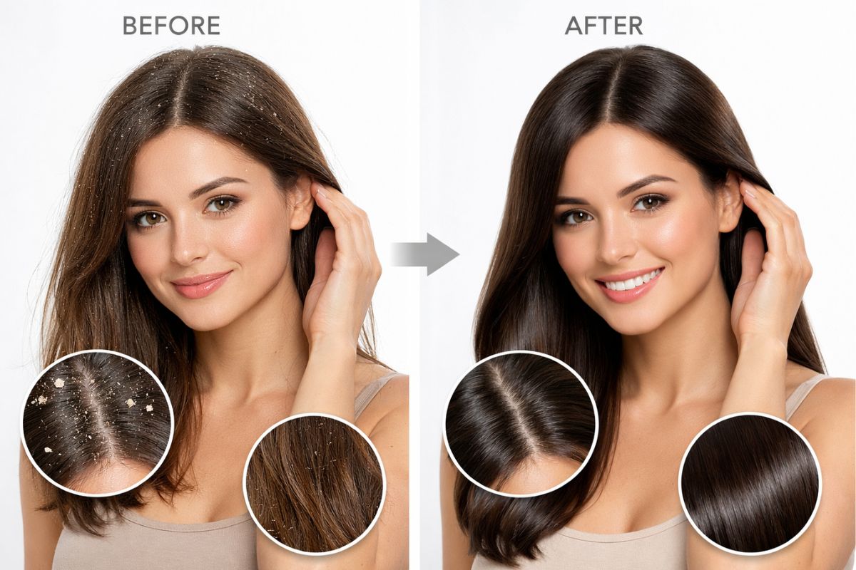 Woman with healthy shiny hair promoting Vanicream Shampoo 