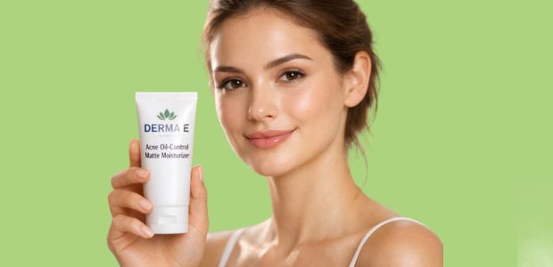 DERMA E Acne Oil-Control Moisturizer hero image with girl model