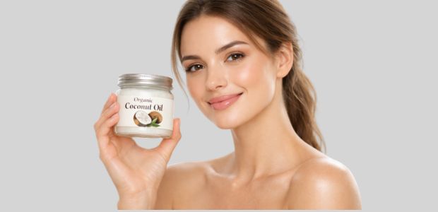 Organic Coconut Oil bottle holding hand