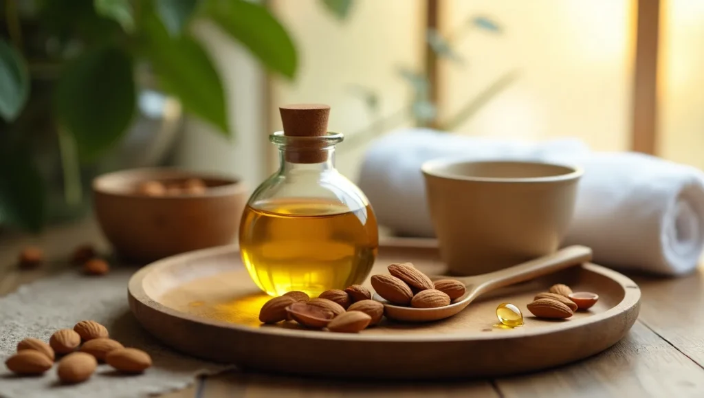 NOW Foods Sweet Almond Oil for skin and hair held by woman