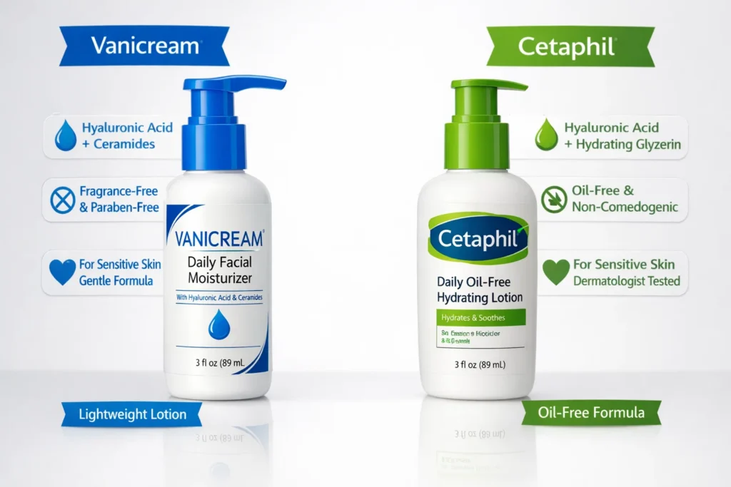 Side-by-side Vanicream and Cetaphil moisturizer bottles,