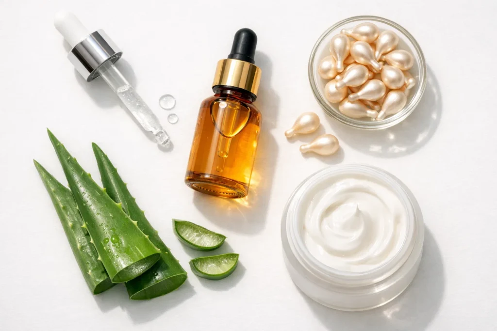 Flat lay of hyaluronic acid, squalane, ceramides, aloe vera,