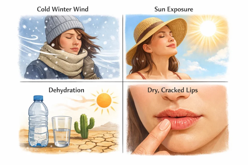 showing causes of dry lips: cold winter wind, sun exposure, 