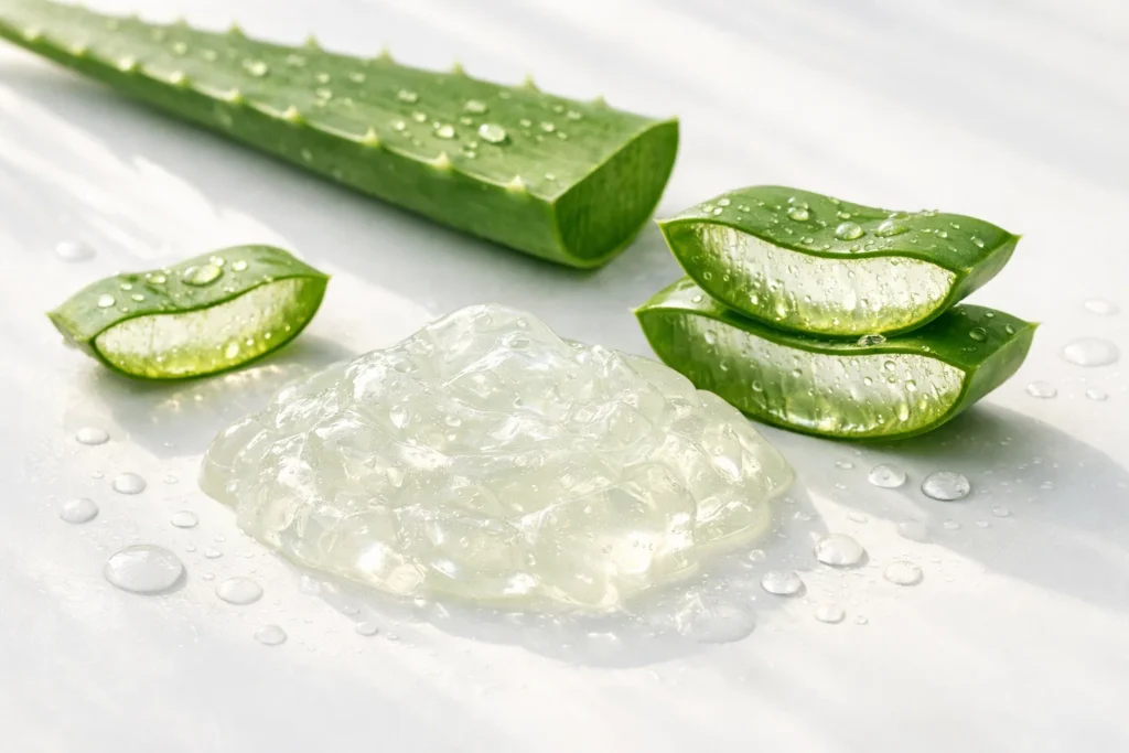Fresh Aloe Vera gel and aloe leaves