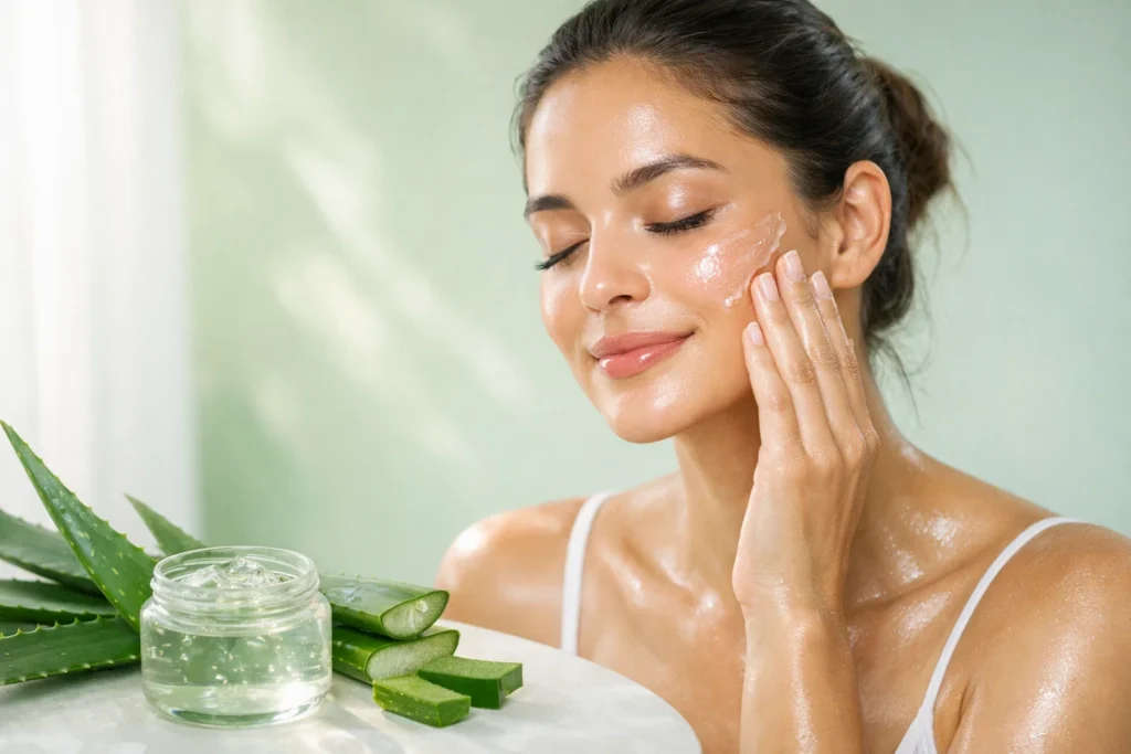 Woman applying Aloe Vera gel