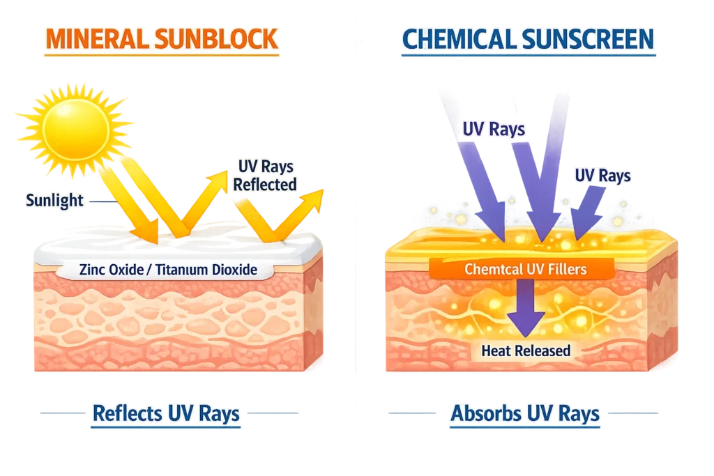 sunblock vs sunscreen comparison illustration