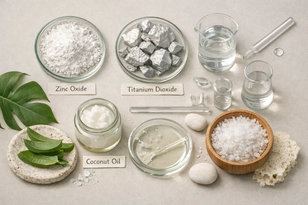 SPF 50 mineral sunscreen ingredients zinc oxide and titanium dioxide