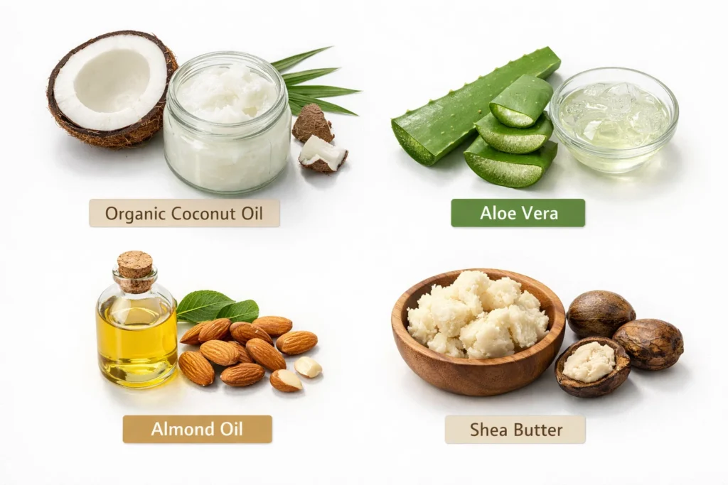 organic coconut oil with aloe vera, almond oil,
