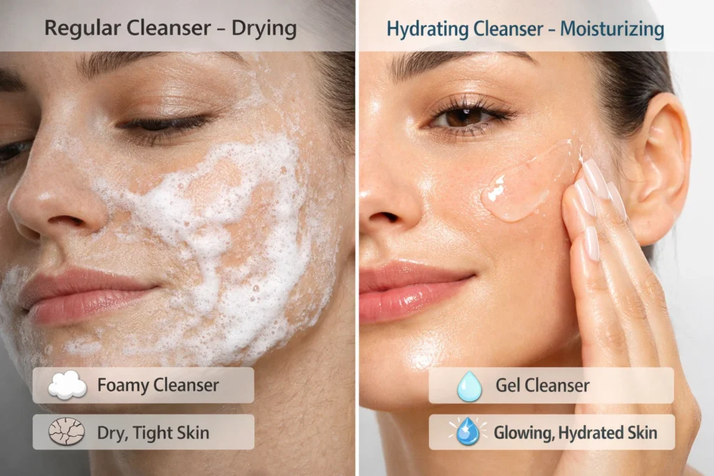 Hydrating Cleansing Gel vs regular cleanser showing moisture difference